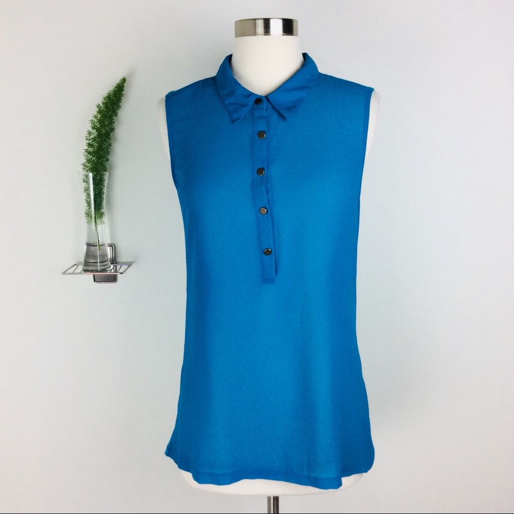 Shiloh 770 Blue Sleeveless Collar Hi-Low Top Sz S